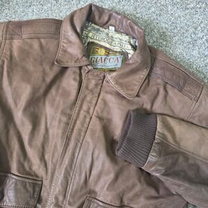 Giacca Traditional Brown Leather Bomber Jacket Map Print Lining Mens Large 14